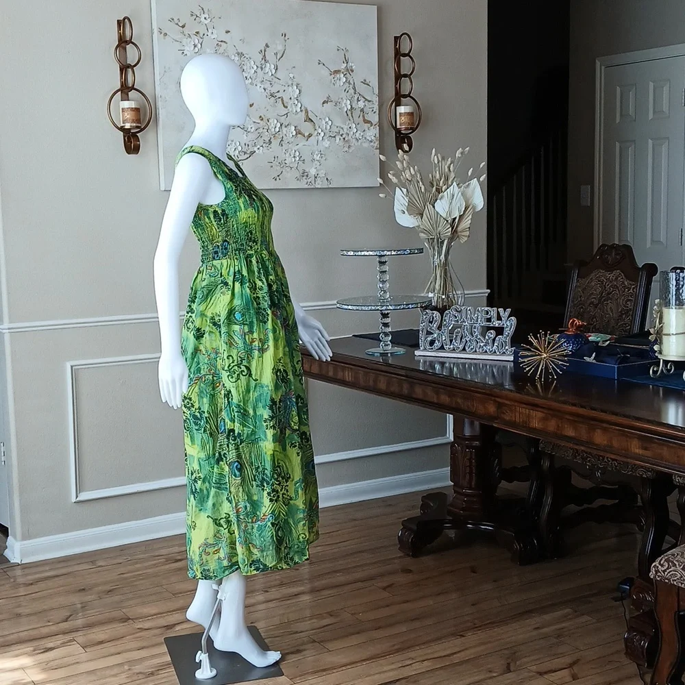 Women's Green Tropical Print Sleeveless Cotton Summer Dress By Hanna Small